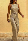 Goosudu Elegant Solid Sequined With Belt O Neck Straight Jumpsuits