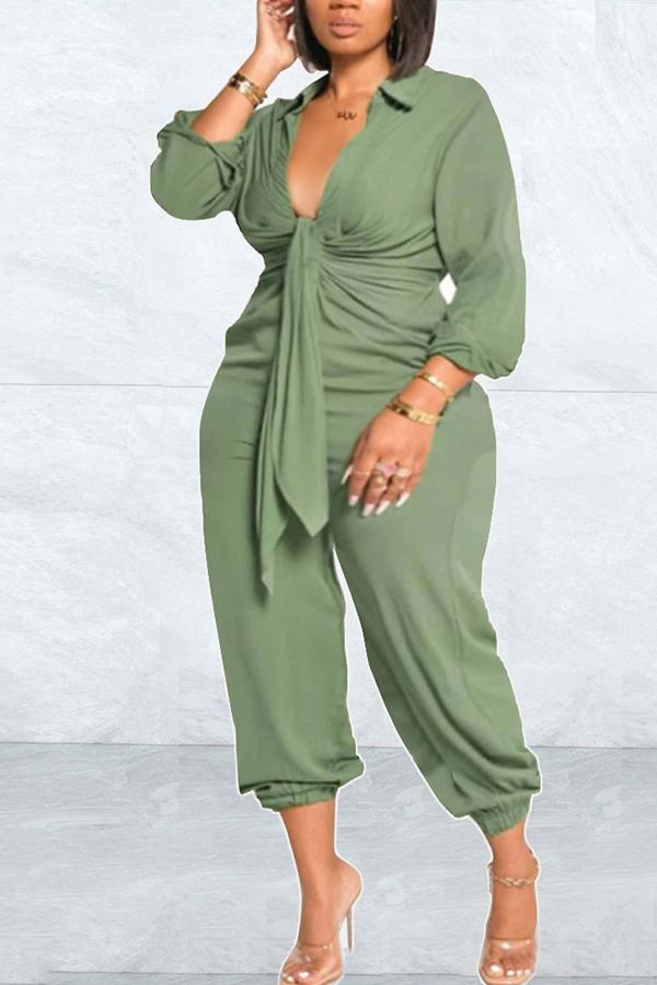 Goosudu Plus Size Pure Color Fashion Knotted Waist Casual Shirt Jumpsuit