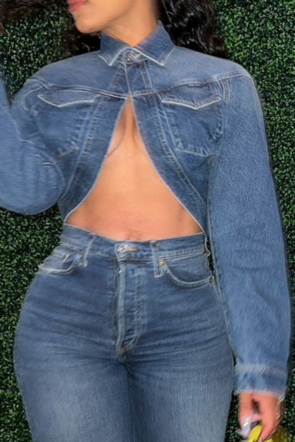 Goosudu Solid Color Smart Denim Coat