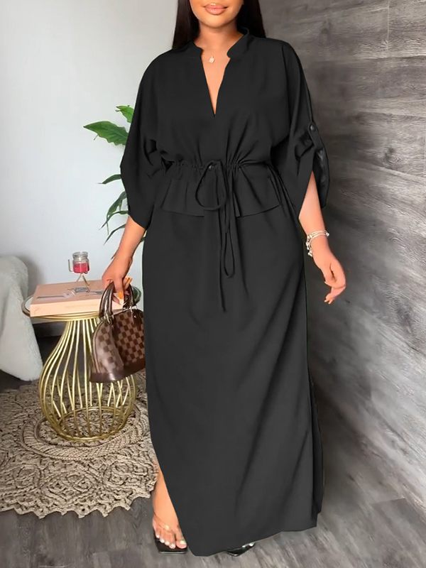 Goosudu V-Neck Drawstring Slit Dress