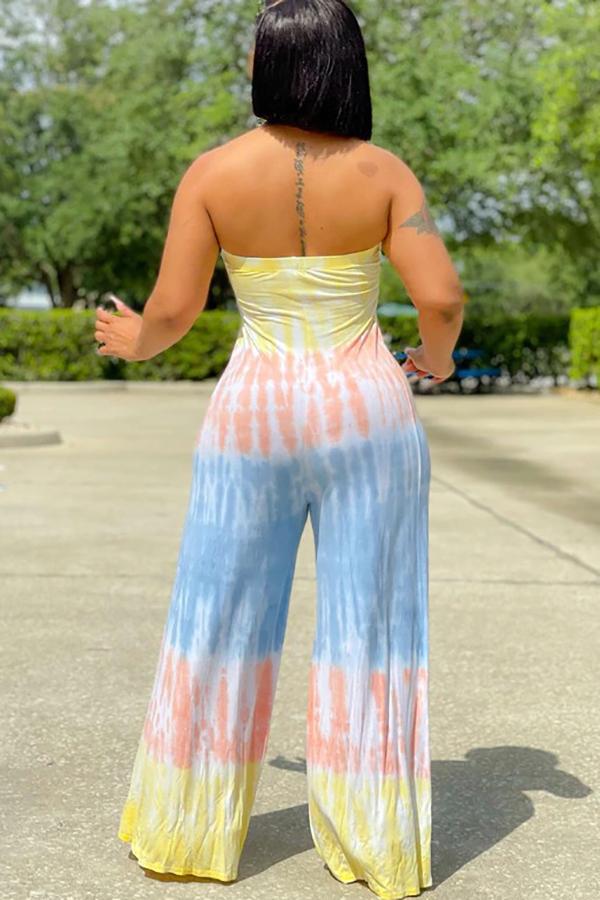 Goosudu Plus Size Tie Dye Bandeau Wide Leg Jumpsuit