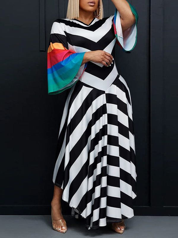 Goosudu V-Neck Bell-Sleeve Colorblock Dress