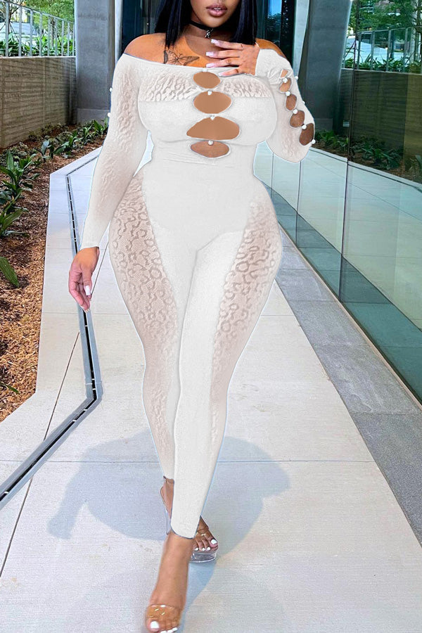 Goosudu Sexy Off Shoulder Sheer Leopard Print Pearl Buckle Chest Cutout Jumpsuits