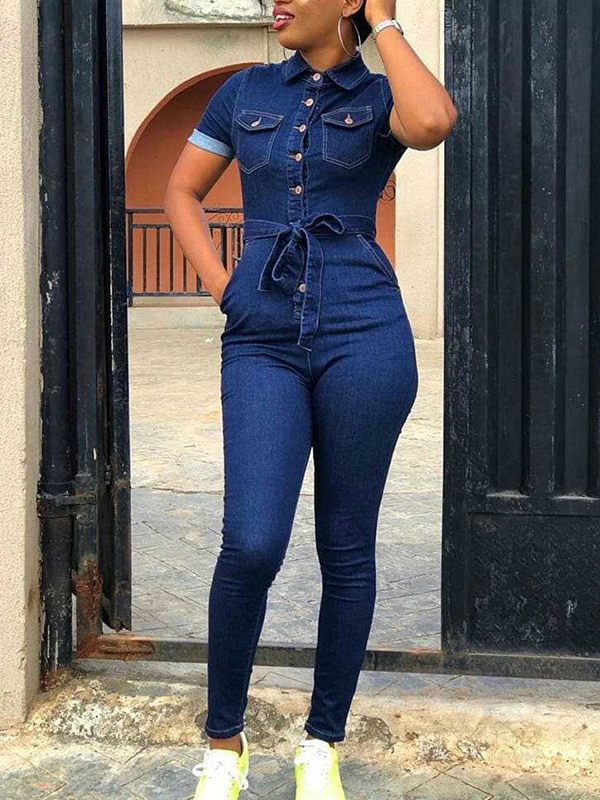 Goosudu Button-Front Tied Denim Jumpsuit