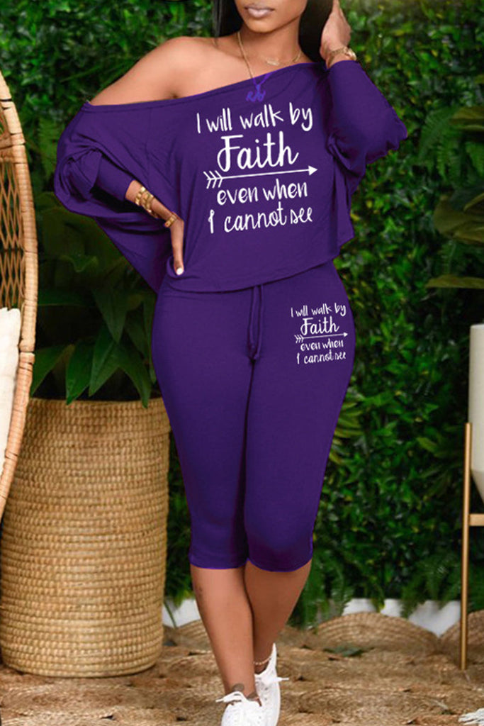 Goosudu Plus Size Casual Letter Patchwork Draw String Printing One Shoulder Plus Size Two Pieces