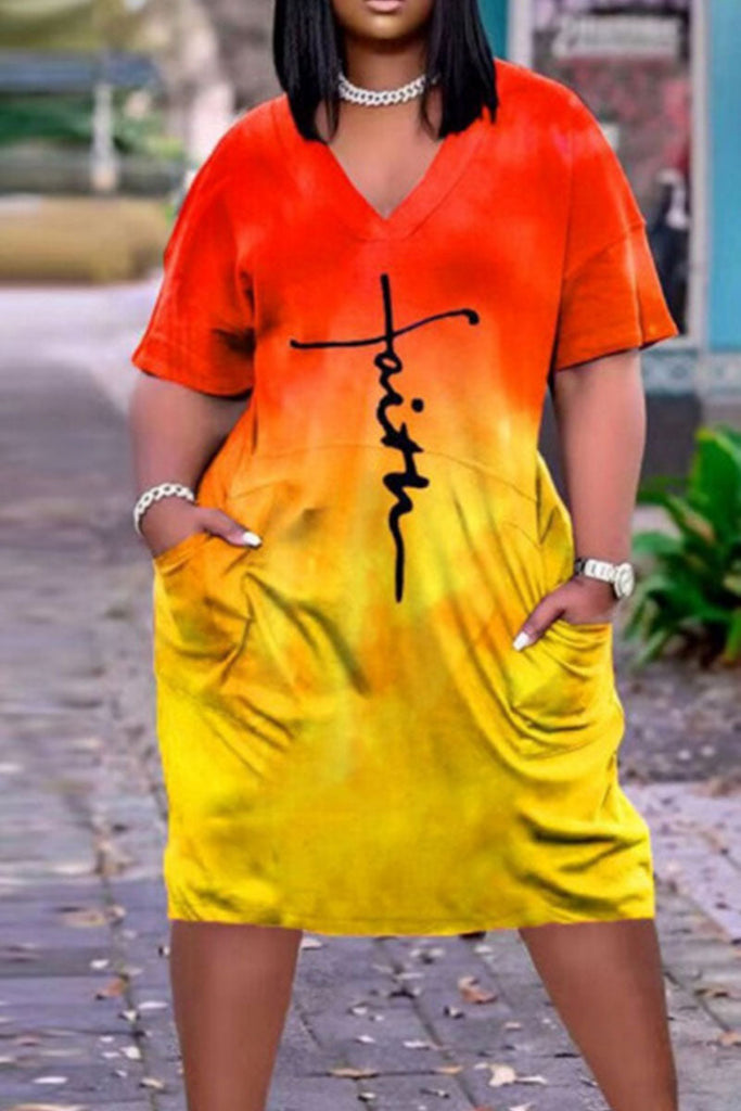 Goosudu Casual Print Patchwork V Neck Straight Dresses