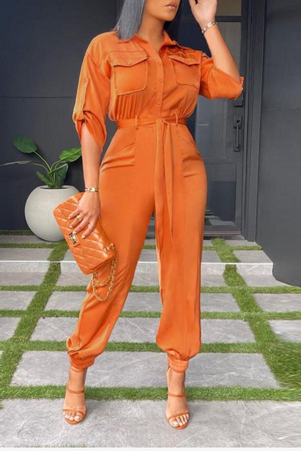 Goosudu Solid Shirt Collar Bracelet Sleeve Tie Waist Jumpsuit