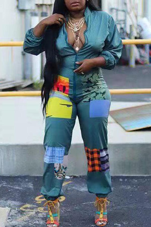 Goosudu Fashion Patchwork Zipper Plus Size Jumpsuit