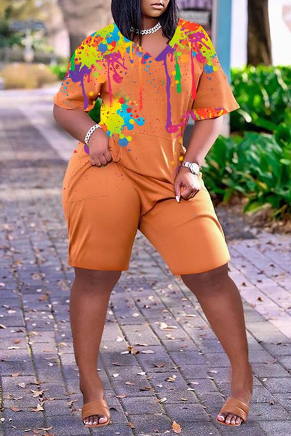 Goosudu Casual Loose Pocket Graffiti Print Short Sleeved Rompers