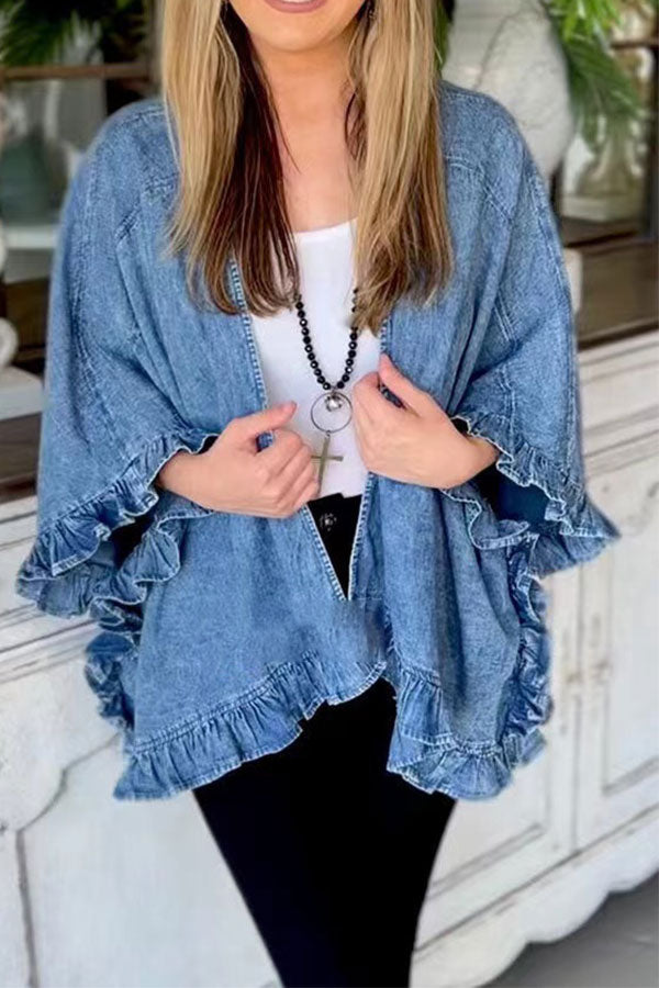 Goosudu Solid Color Elegant Ruffle Denim Coat
