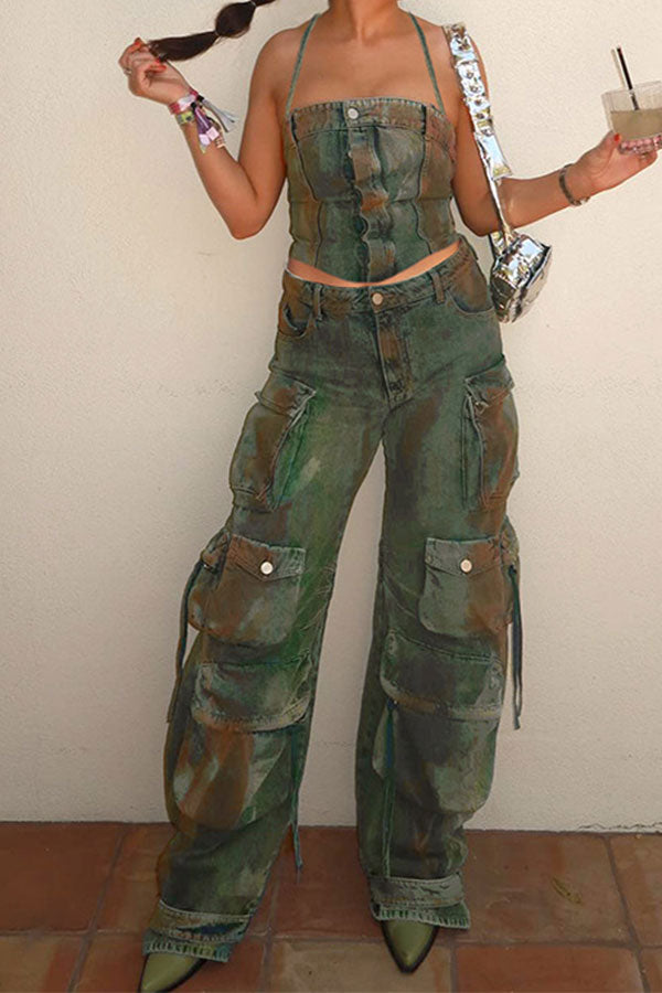 Goosudu Tie Dye Cool Denim Camisole & Multi Pocket Pants