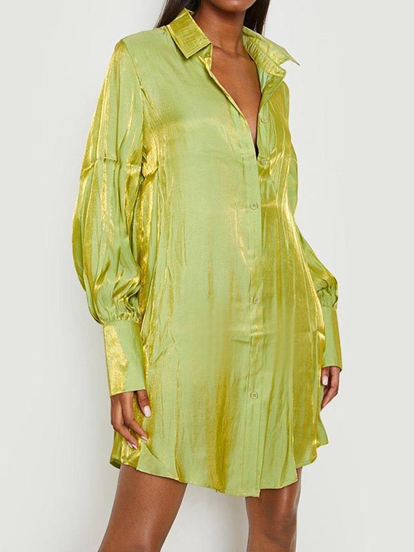 Goosudu Solid Bishop-Sleeve Shirt Dress