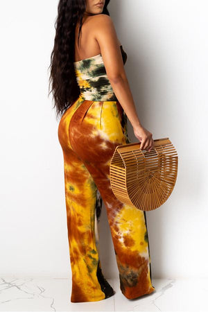 Goosudu Fashion Pleated Tube Top Tie Dye Jumpsuit