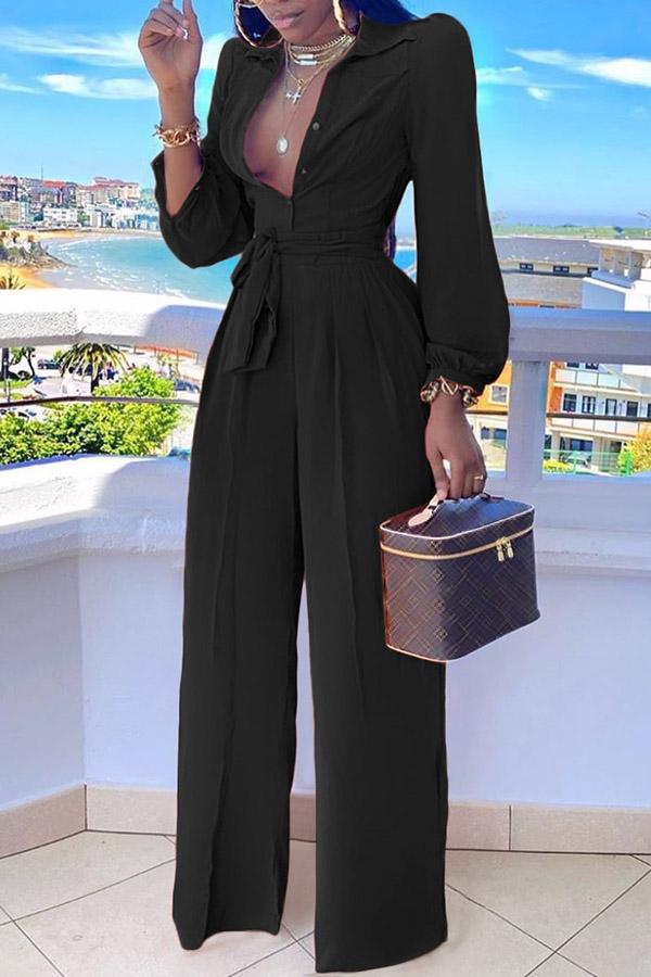 Goosudu High Waist Straight Wide Leg Casual Shirt Collar Jumpsuit With Belt