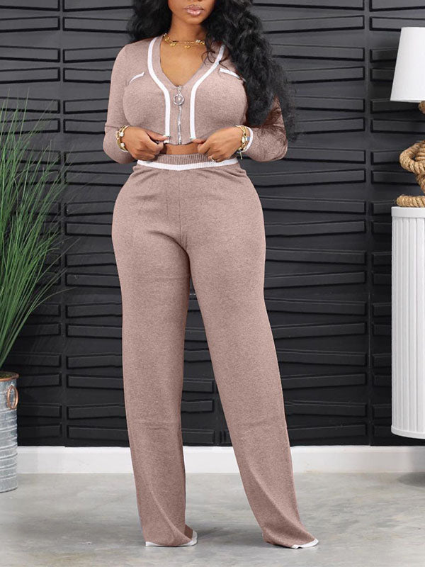 Goosudu Knit Zip-Front Top & Pants Set