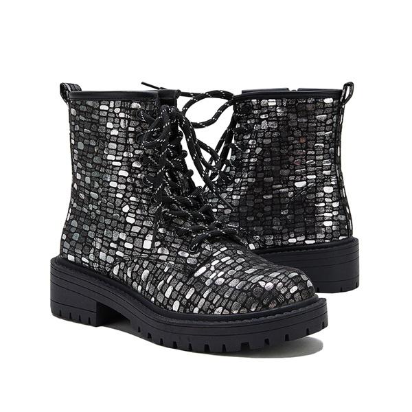 Goosudu Women Sexy Sequin Lace-Up Ankle Chunky Heel Boots