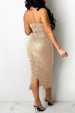 Goosudu Sexy Solid Sequins Split Joint Backless Fold Spaghetti Strap One Step Skirt Dresses