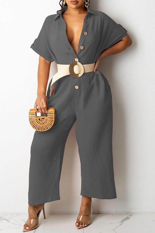 Goosudu Cotton Blend Shirt Collar Single-breasted Pocket Jumpsuit