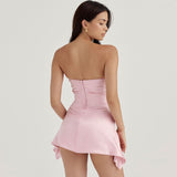 Goosudu Glamorous Satin Asymmetrical Ruched Strapless Corset Party Mini Dress - Pink