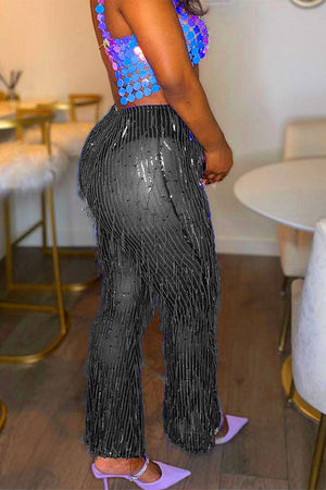 Goosudu Sequined Tassel Party See-Through Micro Flared Pants