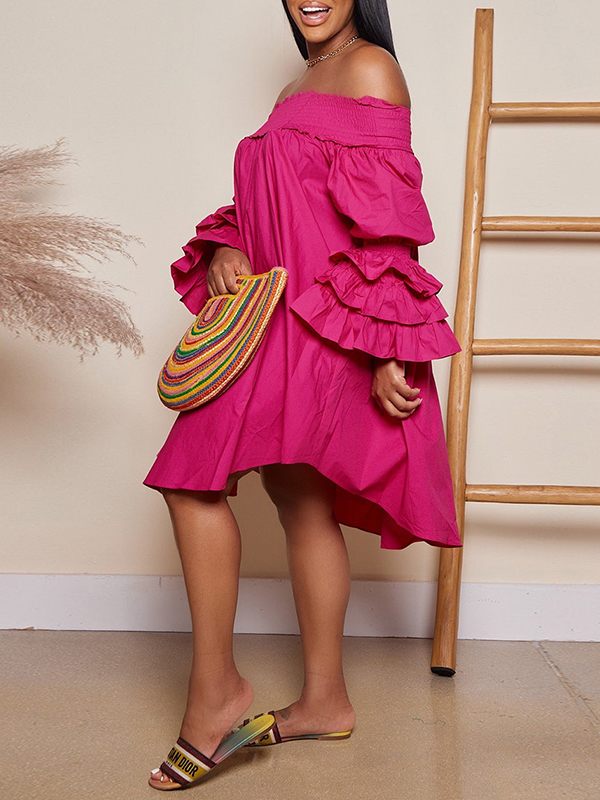 Goosudu Solid Off-Shoulder Ruffle Dress