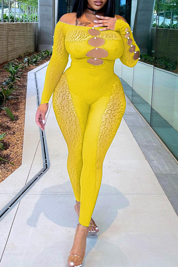 Goosudu Sexy Off Shoulder Sheer Leopard Print Pearl Buckle Chest Cutout Jumpsuits