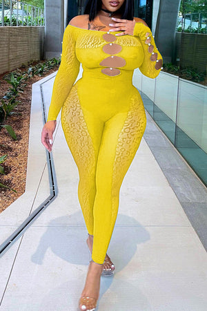 Goosudu Sexy Off Shoulder Sheer Leopard Print Pearl Buckle Chest Cutout Jumpsuits