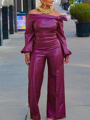 Goosudu Faux-Leather Off-Shoulder Top & Wide-Leg Pants Set