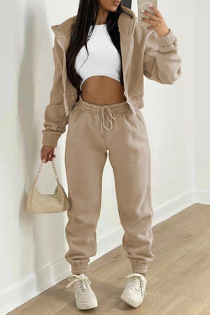 Goosudu Fashion Casual Solid Cardigan Pants Hooded Collar Long Sleeve Two Pieces