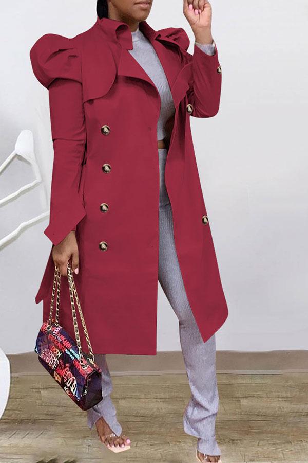 Goosudu Solid Color Classic Double Breasted Belt Trench Coat