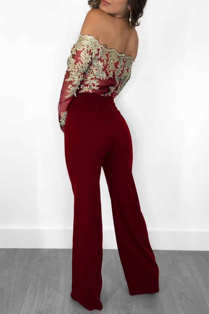 Goosudu Sexy Solid Lace Off the Shoulder Boot Cut Jumpsuits
