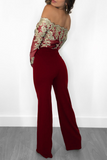Goosudu Sexy Solid Lace Off the Shoulder Boot Cut Jumpsuits