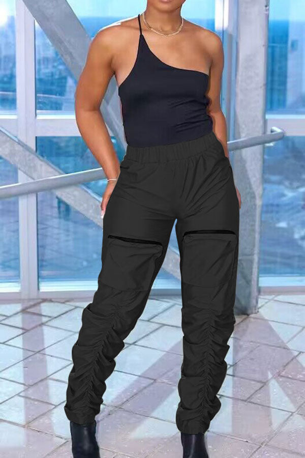 Goosudu Solid Color Casual Pocket Ruched Detail Pants