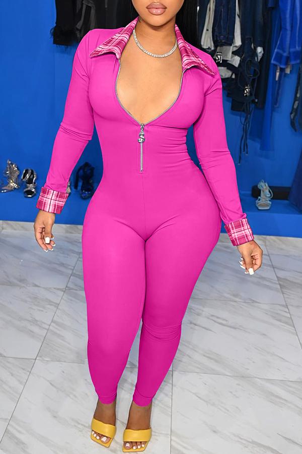 Goosudu Polo Neck Plaid Stitiching Zipper Jumpsuit