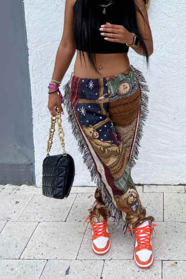 Goosudu Fashion Casual Regular Print Fringe Edge Pants