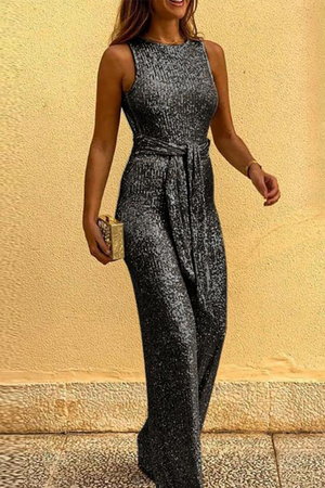 Goosudu Elegant Solid Sequined With Belt O Neck Straight Jumpsuits