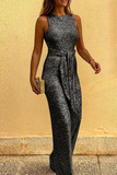 Goosudu Elegant Solid Sequined With Belt O Neck Straight Jumpsuits