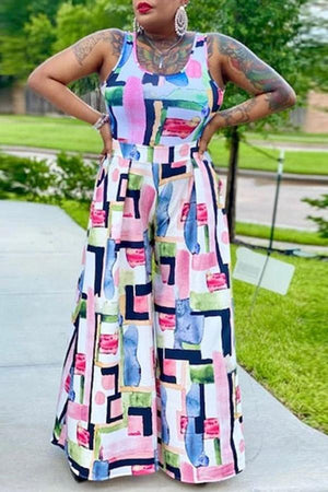 Goosudu Fashion Sleeveless Color Block Print Jumpsuit