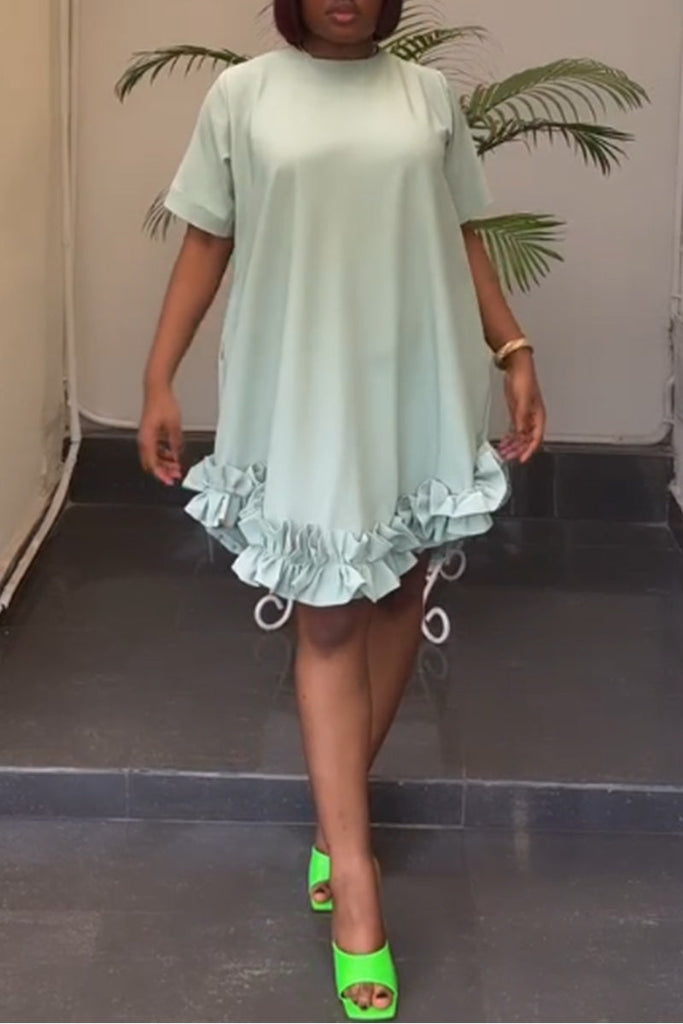 Goosudu Casual Sweet Daily Cute Patchwork Solid Color Stringy Selvedge O Neck Dresses