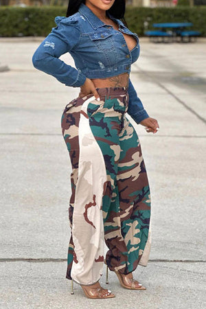 Goosudu Camouflage Patchwork On-trend Micro Flared Pants