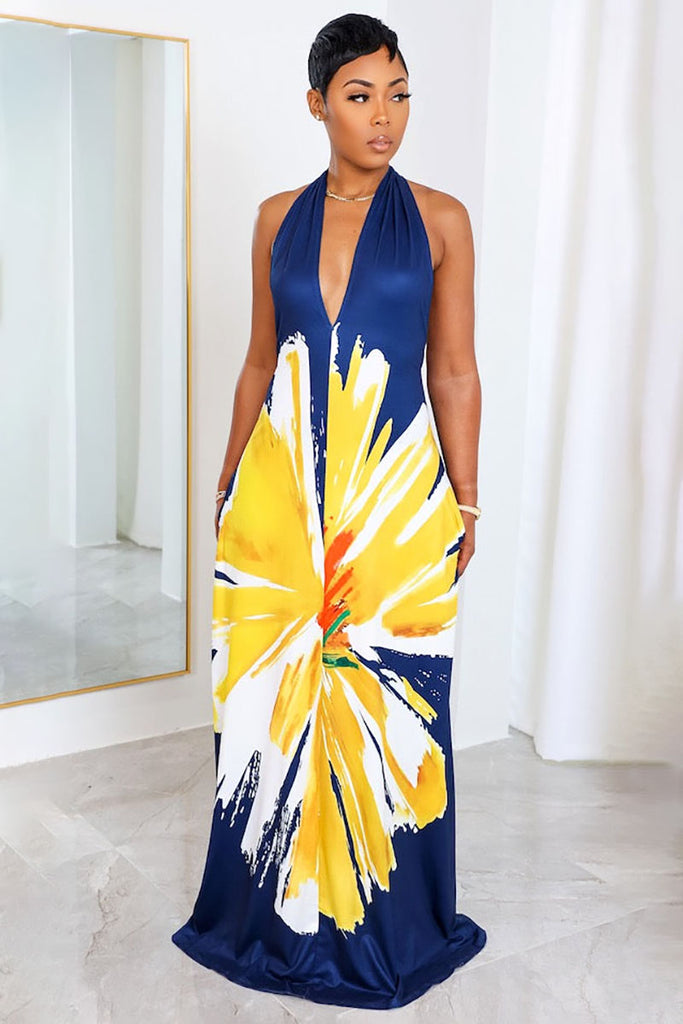 Goosudu Deep V Neck Flower Print Halter Backless Maxi Dresses