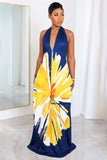 Goosudu Deep V Neck Flower Print Halter Backless Maxi Dresses