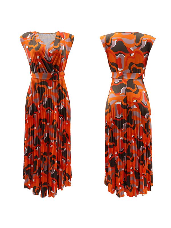 Goosudu Printed V-Neck Pleated Dress