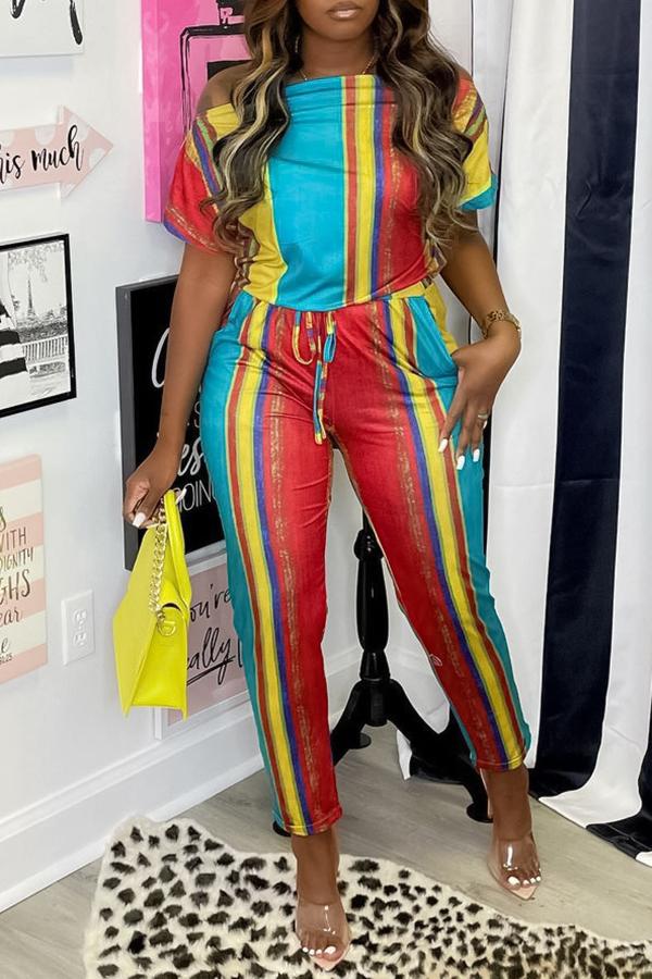 Goosudu Colorful Striped Off Shoulder Pocket Drawstring Jumpsuit