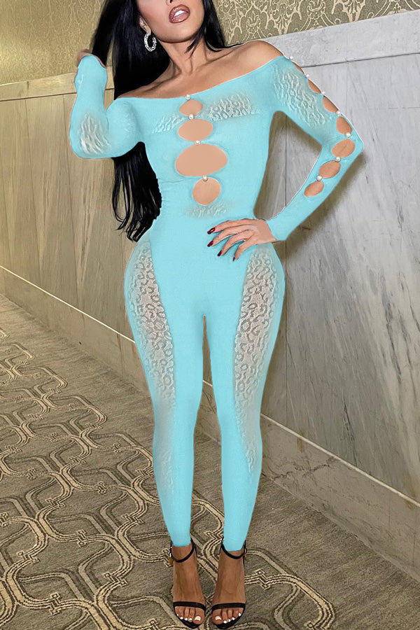 Goosudu Sexy Off Shoulder Sheer Leopard Print Pearl Buckle Chest Cutout Jumpsuits