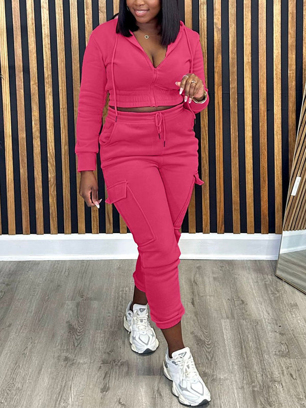 Goosudu Solid Zip-Front Hoodie & Cargo Jogger Pants set