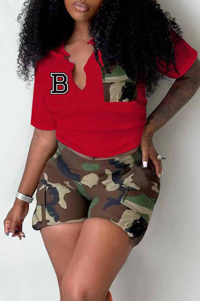 Goosudu Casual Print Letter V Neck Short Sleeve Two Pieces
