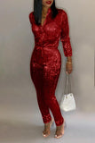 Goosudu Solid Sequin Zip Collar Drawstring Plus Size Jumpsuit