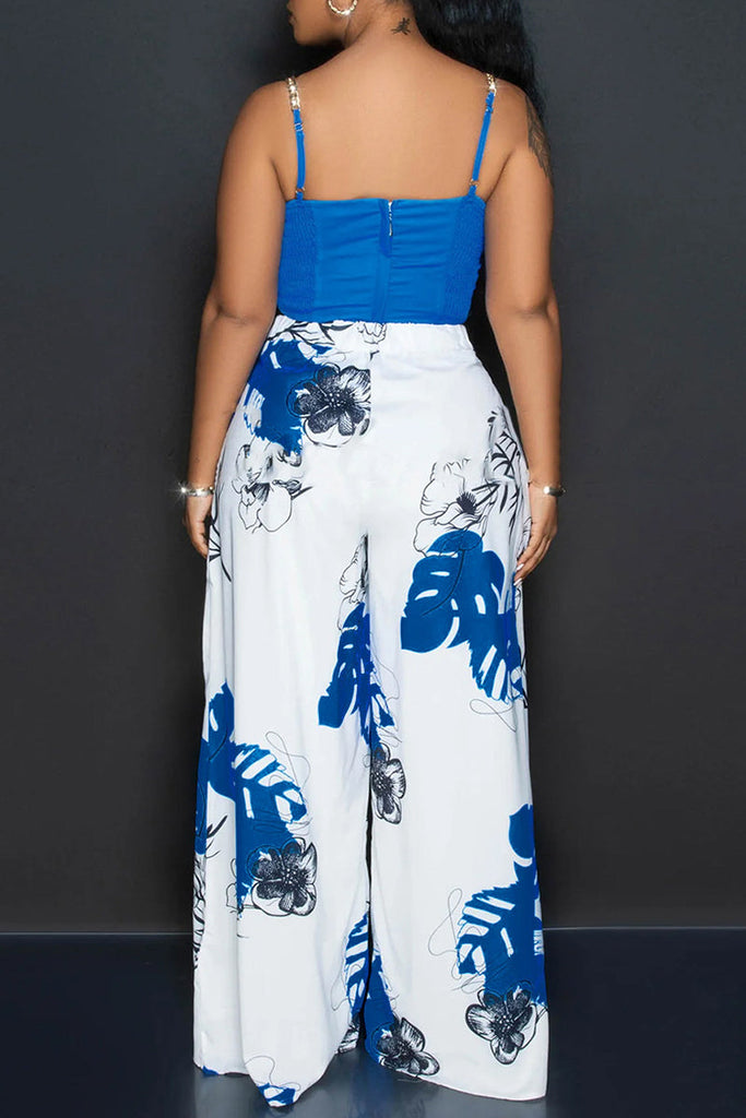 Goosudu Sexy Celebrities Floral Patchwork Zipper Spaghetti Strap Sleeveless Two Pieces