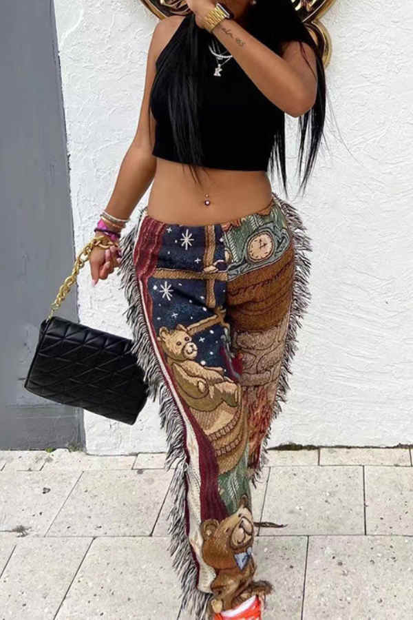 Goosudu Fashion Casual Regular Print Fringe Edge Pants